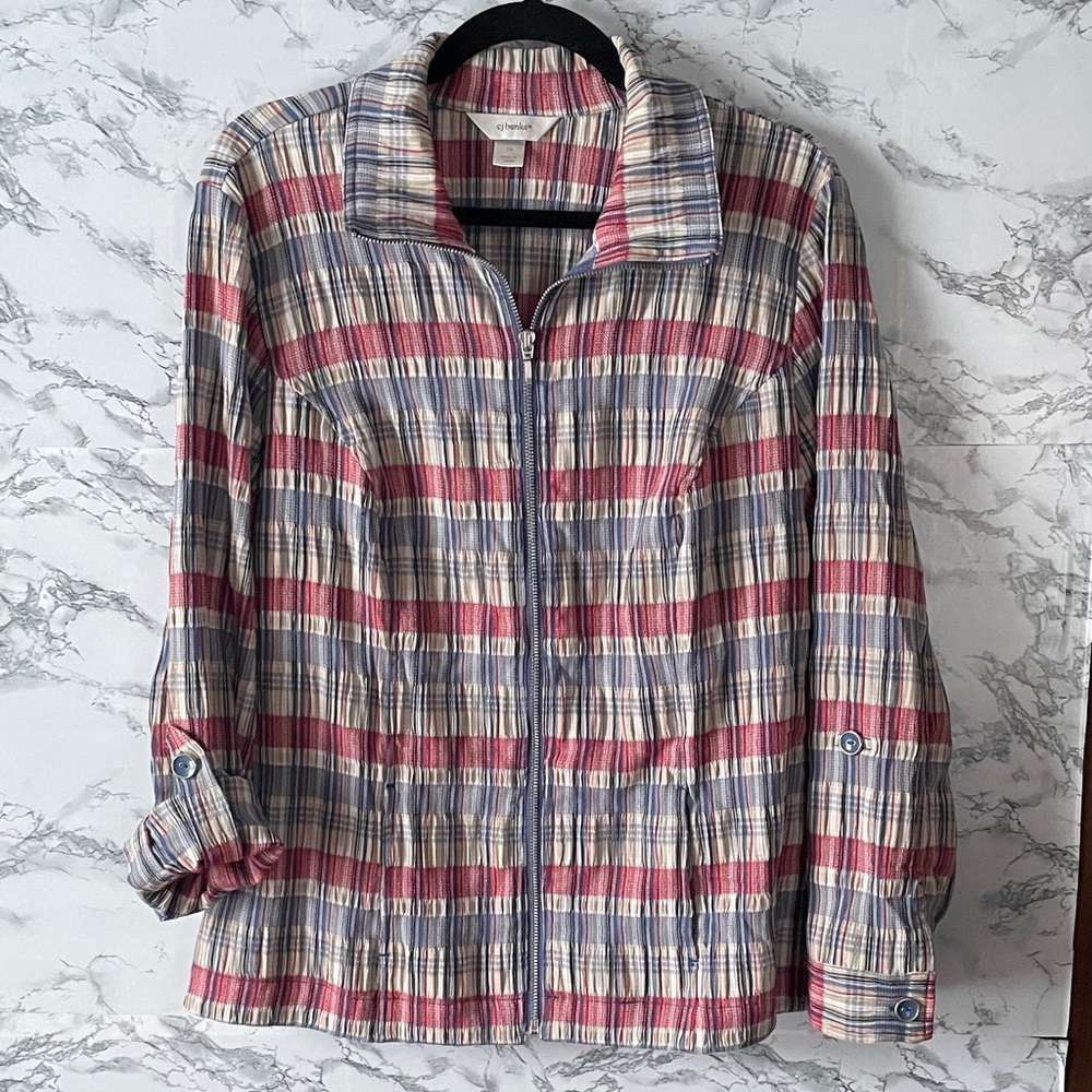 CJ Banks 1X Red/Blue  Plaid Zip-Up Blouse
